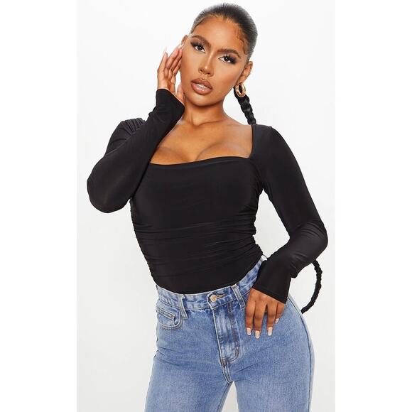 PrettyLittleThing Black Slinky Ruched Long Sleeve Square Neck Bodysuit - Picture 2 of 7